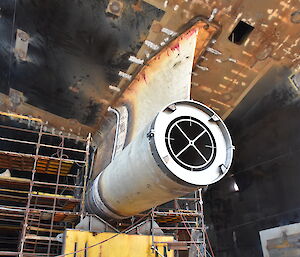 This image shows the crosshair frame for a laser target point, mounted in a ‘gondola’ during alignment checks.