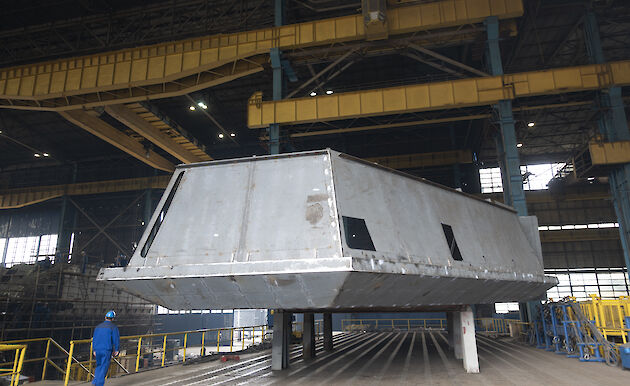 A steel block that will form the starboard bridge wing.