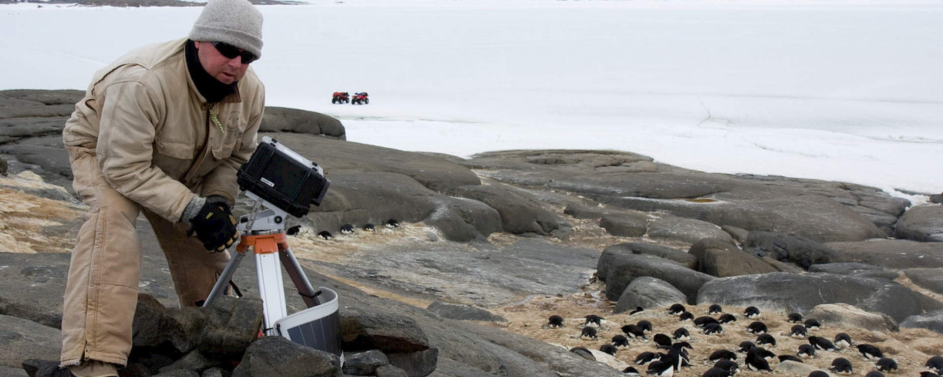 Electronics technician with penguin monitoring remote camera and Adelie penguin nesting nearby