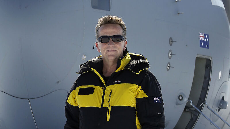 Dr Nick Gales with the RAAF C-17A Globemaster III in the background at Australia’s Wilkins Aerodrome