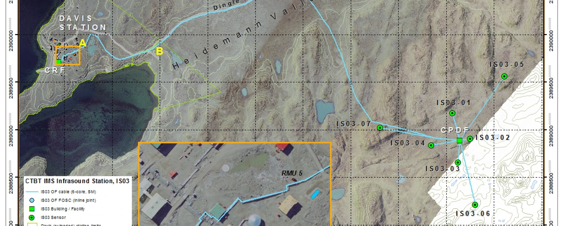 Location of the IS03 site (array of green circles around the square) and the cable runs (blue lines) back to Davis.