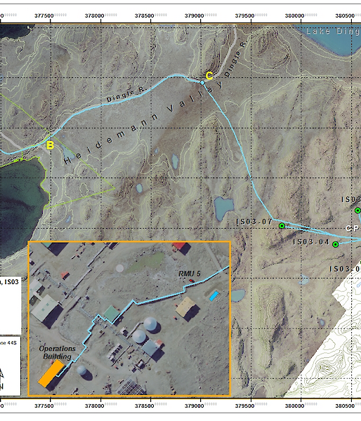Location of the IS03 site (array of green circles around the square) and the cable runs (blue lines) back to Davis.