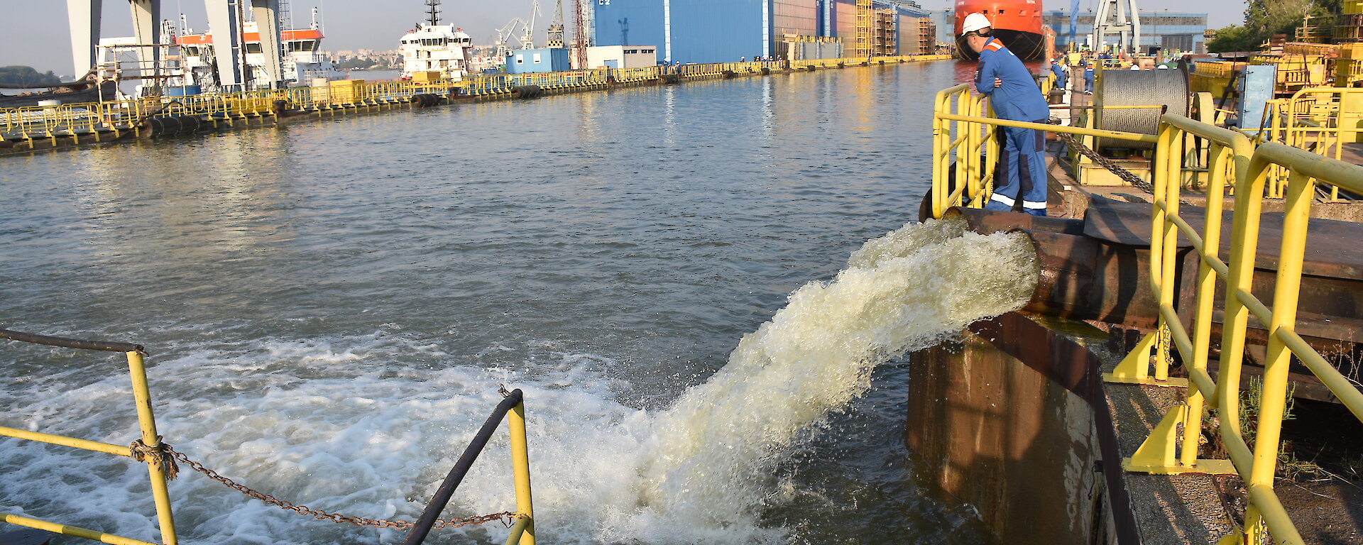 Water pumping into the wet and dry docks at the Damen shipyard.
