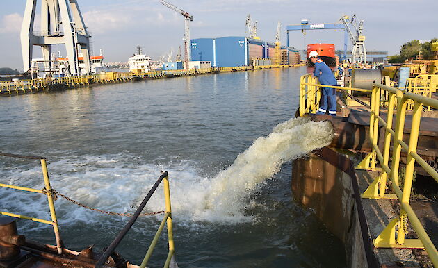 Water pumping into the wet and dry docks at the Damen shipyard.