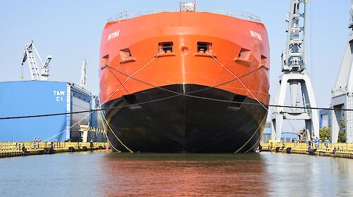 The Nuyina in her final position in the wet dock.