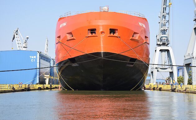 The Nuyina in her final position in the wet dock.