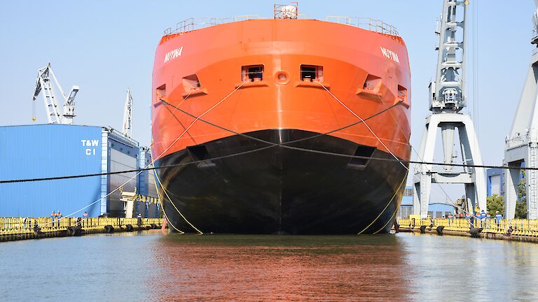 The Nuyina in her final position in the wet dock.