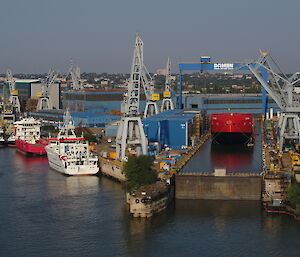 Icebreaker RSV Nuyina in the wet dock in the Damen Shipyards.