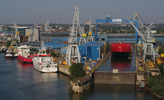 Icebreaker RSV Nuyina in the wet dock in the Damen Shipyards.