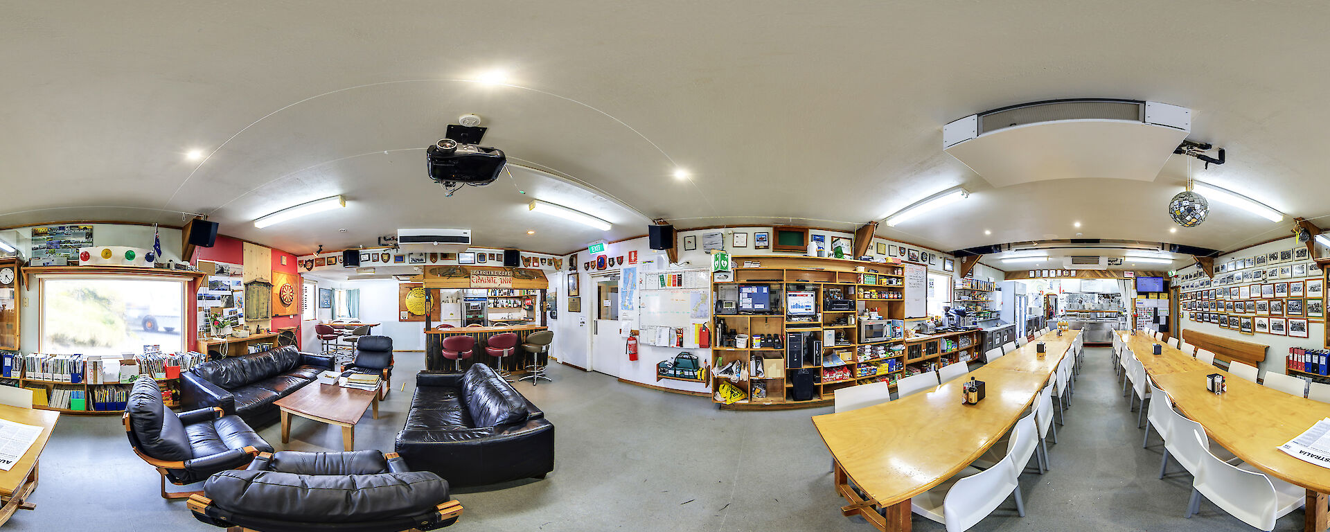 A 360 degree panoramic image of Macquarie Island research station’s kitchen, dining and living area from the virtual tour.