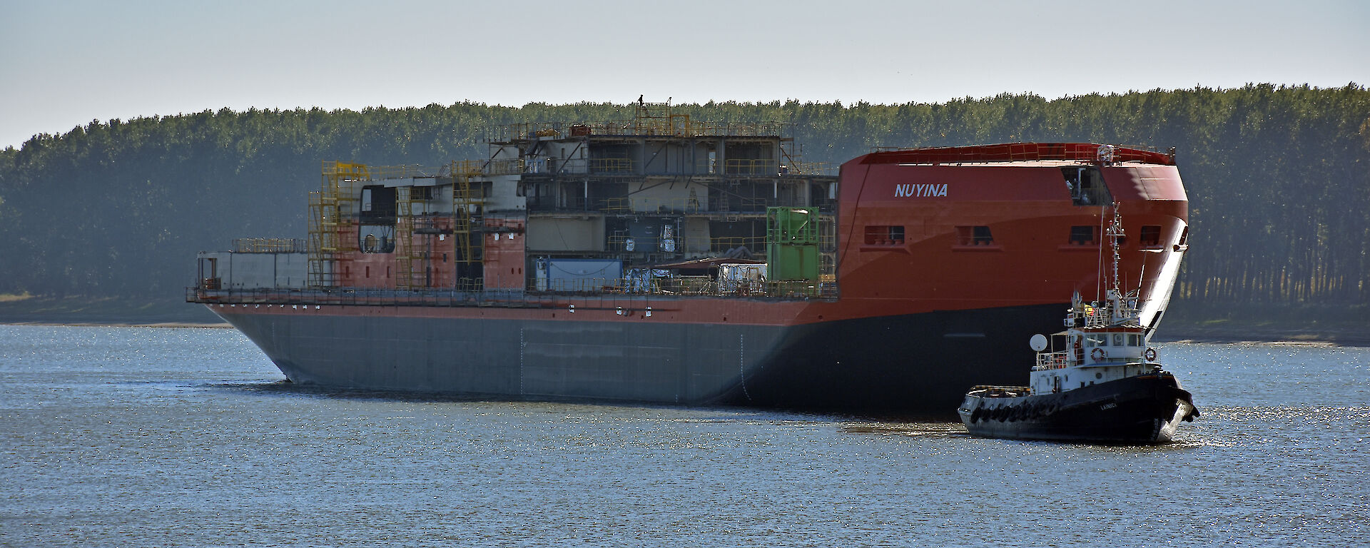 The Nuyina in the river, with the new superstructure visible.