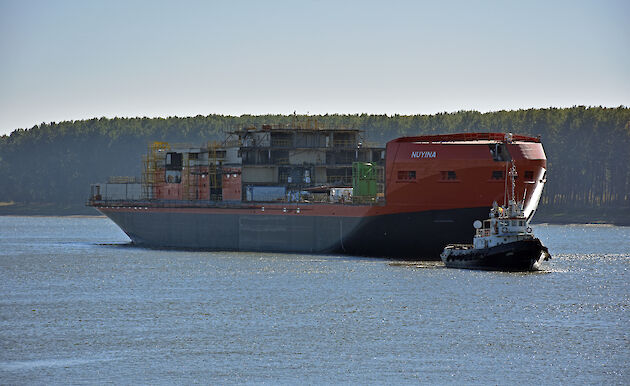 The Nuyina in the river, with the new superstructure visible.