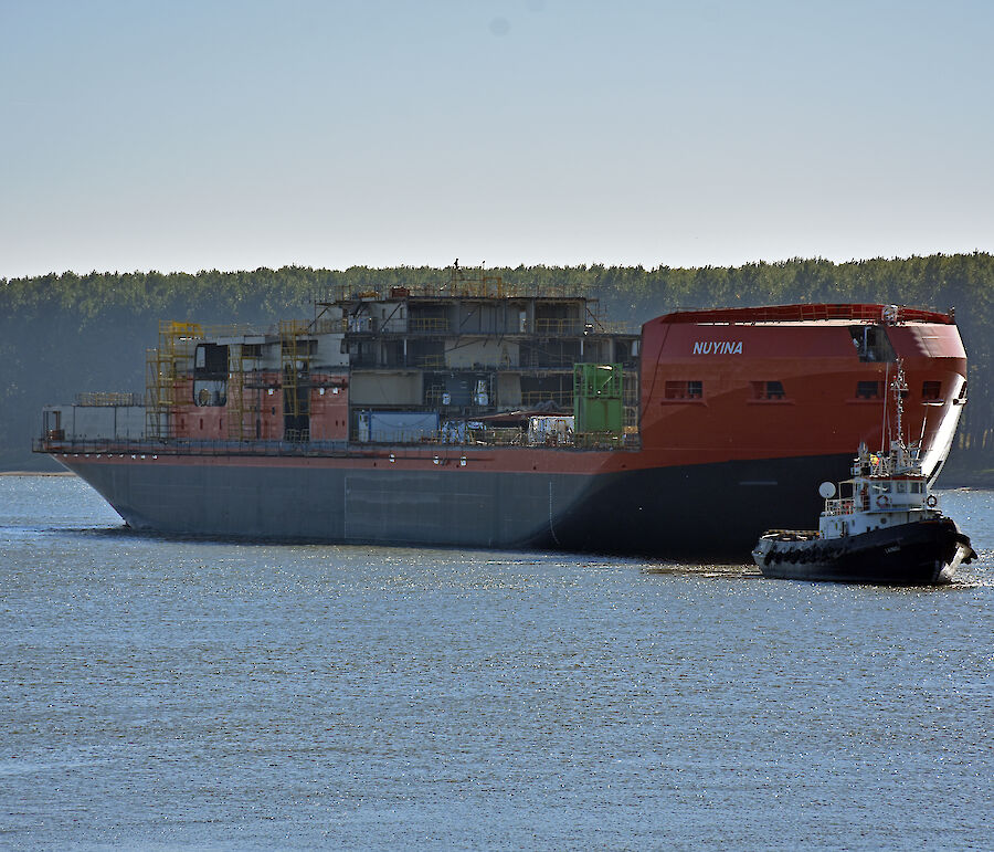 The Nuyina in the river, with the new superstructure visible.