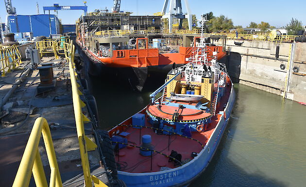 The ship in its new position in the wet dock.