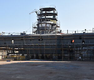The Navigation Bridge (spanning 32 metres), Crows Nest and main mast are taking shape in the dry dock.
