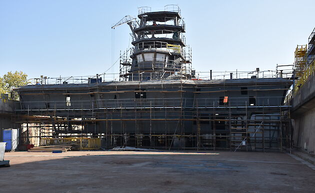 The Navigation Bridge (spanning 32 metres), Crows Nest and main mast are taking shape in the dry dock.