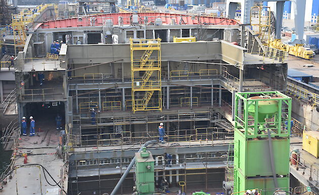 Scaffolding rising three decks in the forward cargo hold area.
