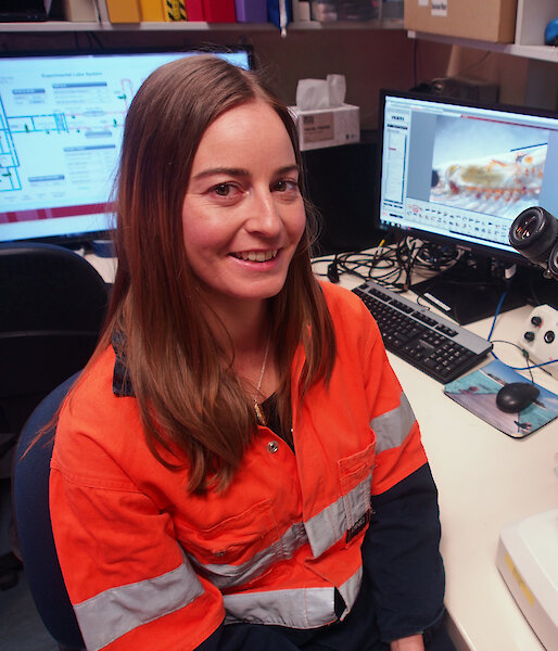 Jessica Ericson at the microscope in the Antarctic Division’s krill laboratory.