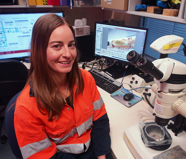 Jessica Ericson at the microscope in the Antarctic Division’s krill laboratory.