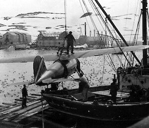 A black and white image of an aircraft on a crane suspended from the side of a ship