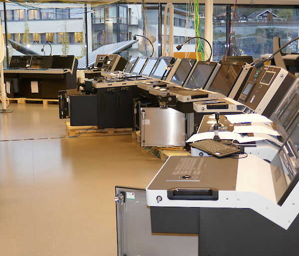 The front of bridge consoles arranged for a factory acceptance test in Norway.