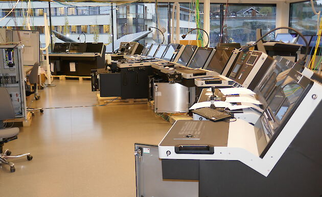 The front of bridge consoles arranged for a factory acceptance test in Norway.