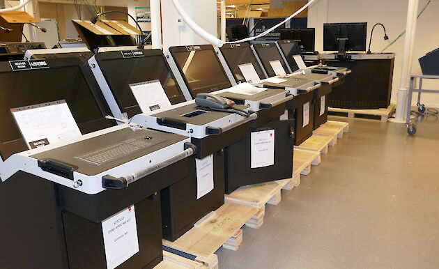 These scientific consoles display a weather radar, ice/wave radar, CCTV and satellite information.