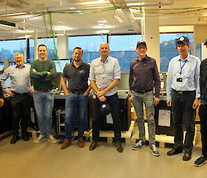 The Factory Acceptance Test team with representatives from Kongsberg Maritime, Damen, Serco and Mike Jackson (second left) from the Australian Antarctic Division.
