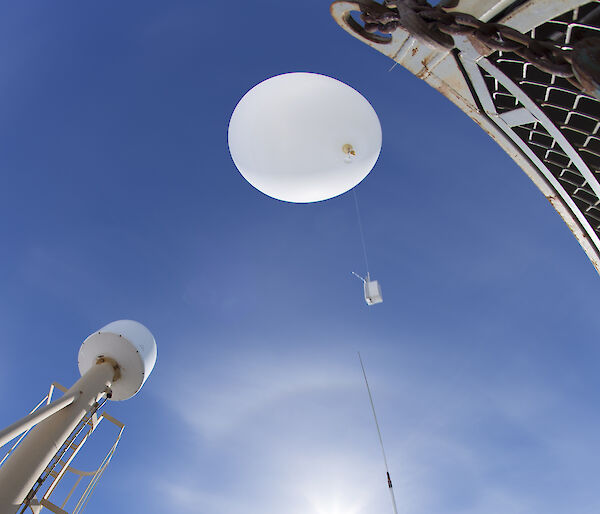 Juarez Viegas from the US Atmospheric Radiation Measurement program launches a radiosonde from the deck of the Aurora Australis.