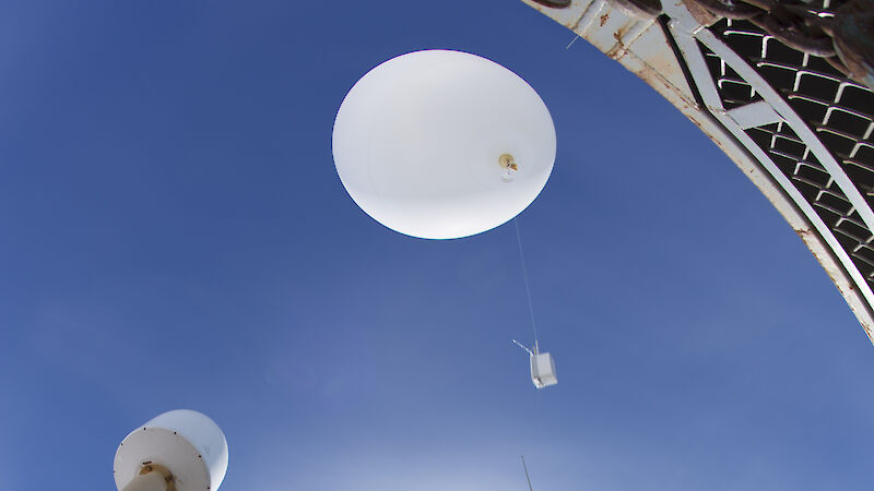 Juarez Viegas from the US Atmospheric Radiation Measurement program launches a radiosonde from the deck of the Aurora Australis.