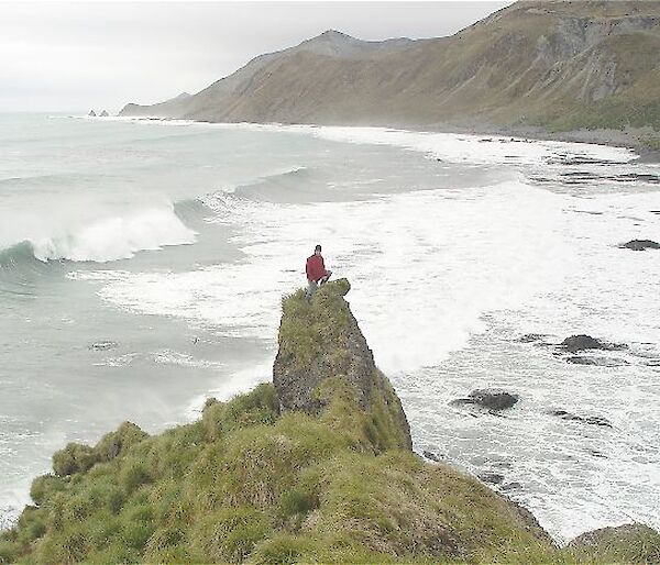 Expeditioner atop a rocky hill on Macquarie Island