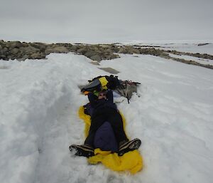 Jorg ready for bed but doesn’t even need the bivvy.