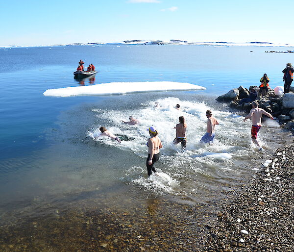 Expeditioners swimming on Australia Day