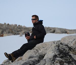 Cam and James watching the wildlife on the sea ice in O'Brien’s Bay