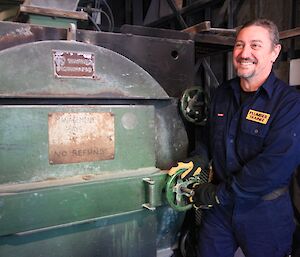 Mark proudly wearing his new shirt whilst firing up ‘Warren’ the incinerator