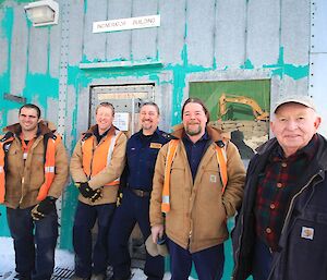 All the plumbers: Rob Lemme (summer plumber), Jamie Lowe (winter BSS), Rob Thorne (winter plumber), Bob Rowland (summer plumber) and in the middle Mark (Robby) Hunt, trainee plumber.