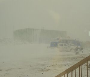 Blowing snow at Casey reduces visibility of buildings