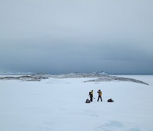 A distant shot of Stu and Misty surrounded by white