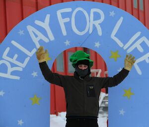 Relay for Life. Dan poses at hand-painted finish-line arch