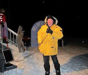 Relay for Life. Andy singing songs to the runners outside in the dark