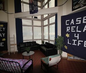 Relay for Life HQ, inside with large banner on wall