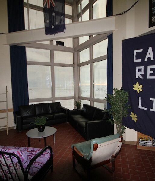 Relay for Life HQ, inside with large banner on wall
