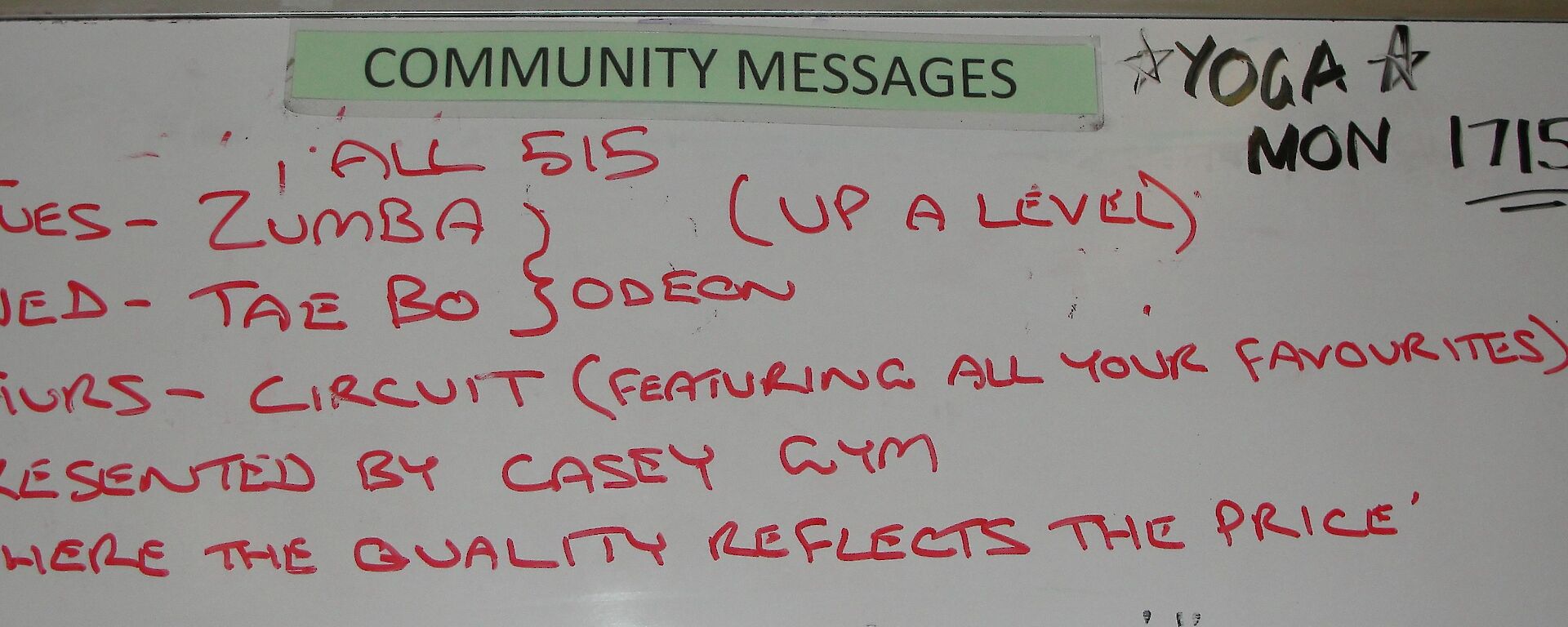 Exercise at Casey, a white board featuring Tae Bo