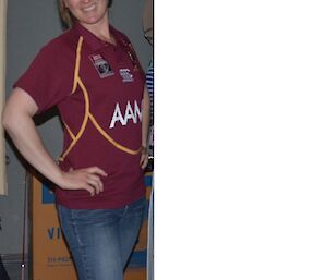 Fleur, a summer expeditioner, models a Queensland rugby jersey