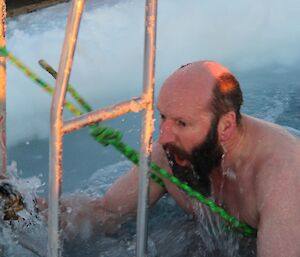 Mark G expressing shock at the cold water during his midwinter swim