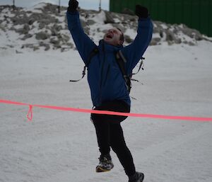 Gav finishing the inaugural Antarctic Circle to Casey Ultramarathon