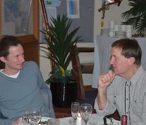 Stu and Dave having a conversation at end of winter dinner