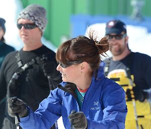 Bec, Casey ski school instructor and station science rep, instructs new expeditioners
