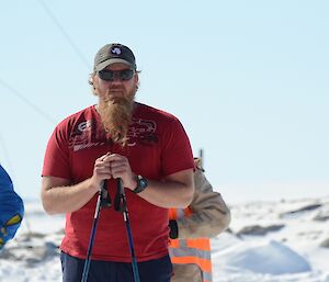 Summer chippie, Kev, achieving some focus before launching himself down the ski track