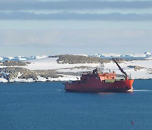 The Aurora Australis on anchor in the bay in front of the station